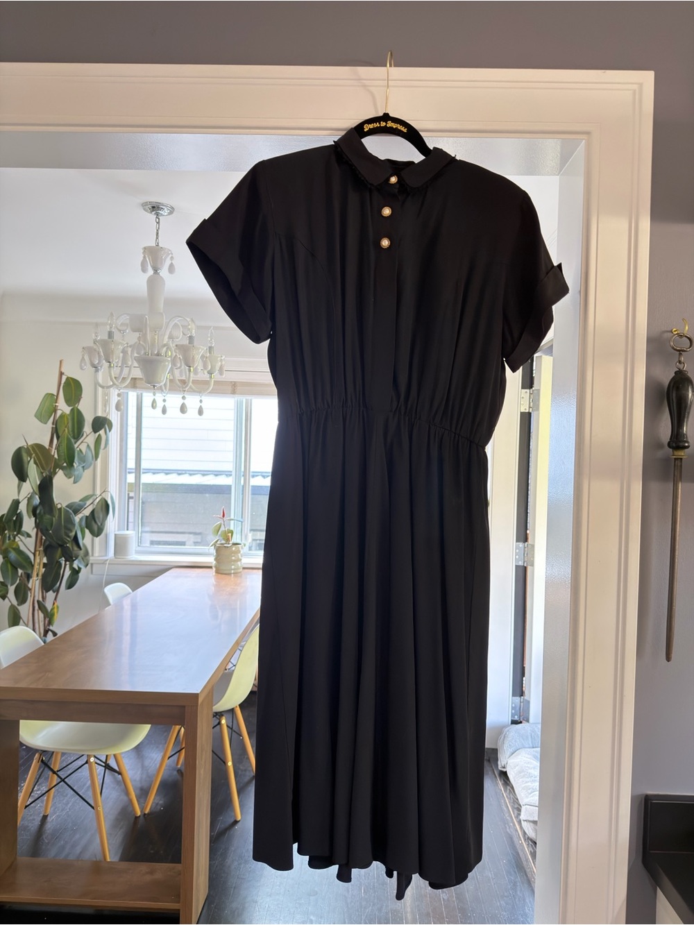 Black Short-Sleeve Midi Dress with Gold Buttons